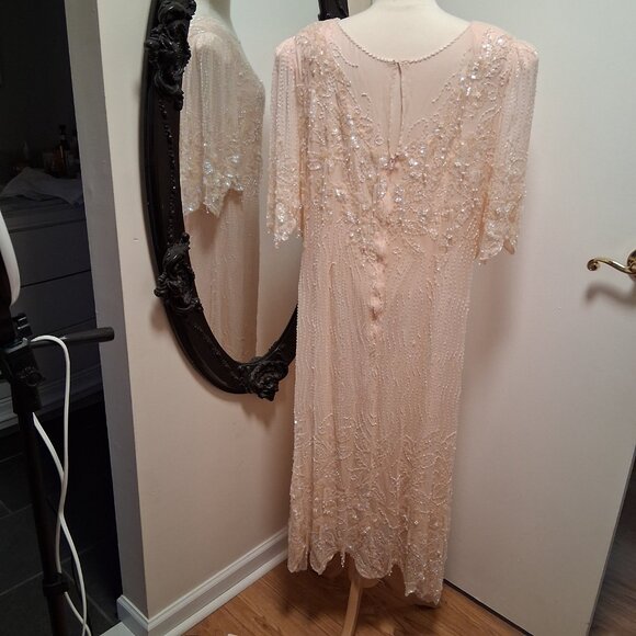 Vintage Shomax Silk Light Pink Beaded Dress Gown Maxie XL/1X - Picture 5 of 12